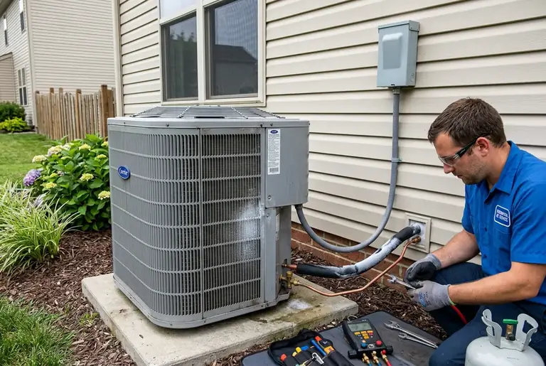 Frozen AC unit with ice buildup on refrigerant lines outside a New Orleans area home