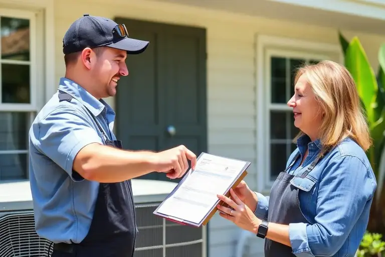HVAC technician reviewing a written AC repair estimate with a homeowner outside their home