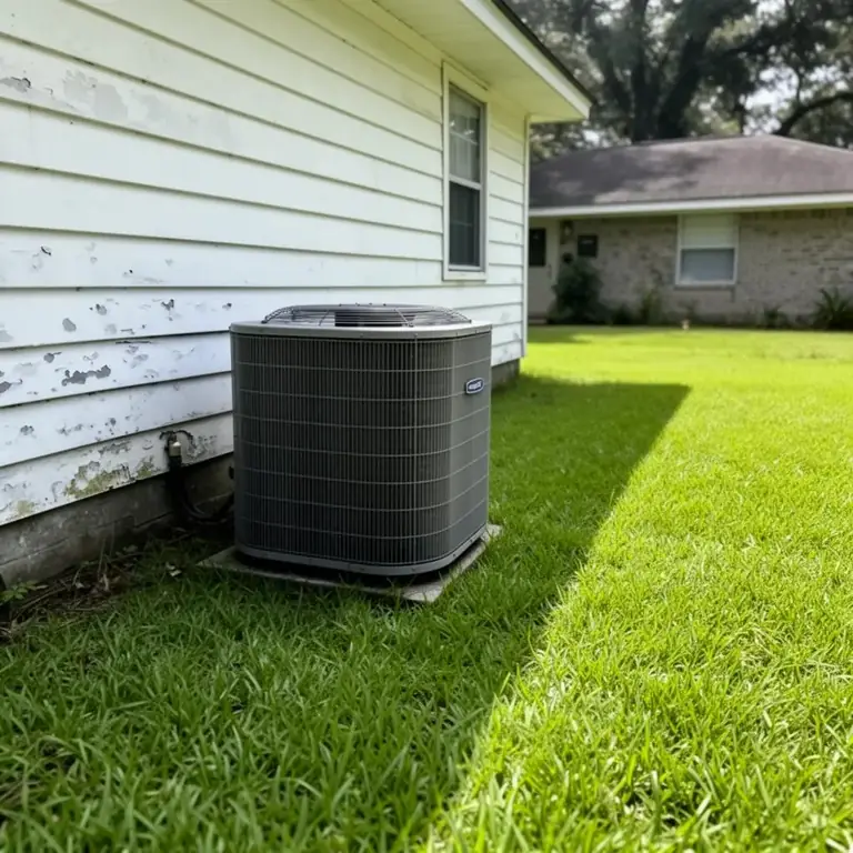 Outdoor AC condenser unit running on a hot sunny Louisiana summer day