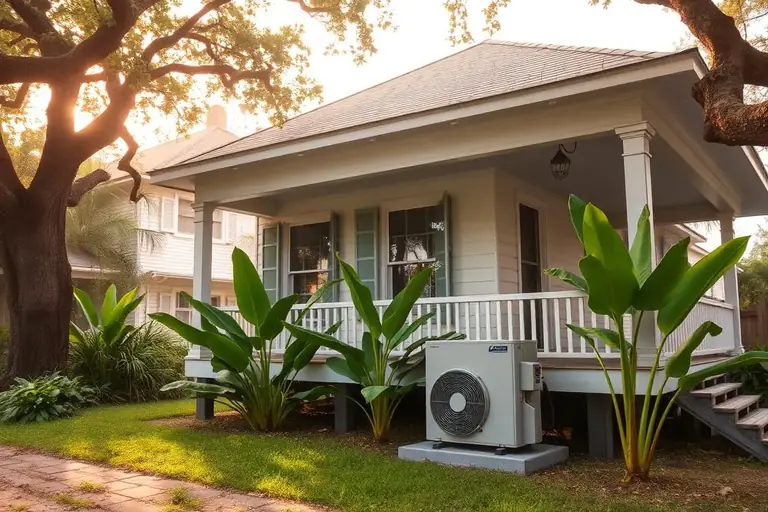 Technician evaluating outdoor HVAC equipment beside a raised New Orleans home