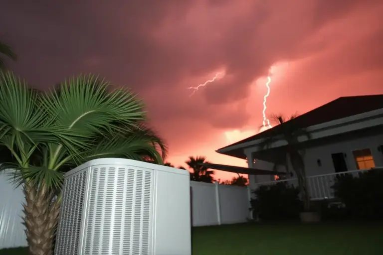 Outdoor AC condenser unit beside a New Orleans home with stormy skies approaching