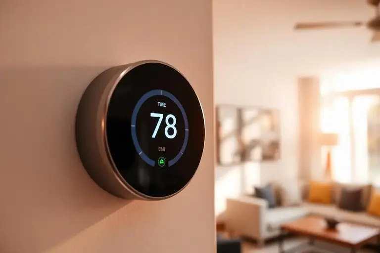 Smart thermostat displaying 78 degrees on a living room wall