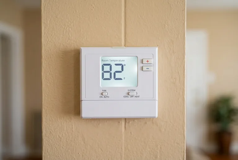 Digital wall thermostat in a Louisiana home showing a room temperature of 82 degrees