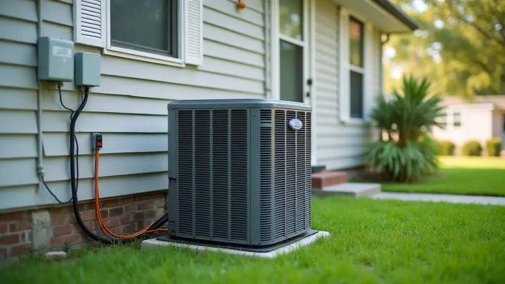 AC repair technician servicing a residential air conditioning condenser unit in the New Orleans metro area