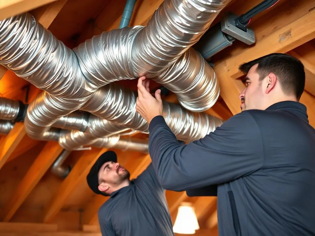 HVAC technician repairing and installing residential ductwork in a New Orleans area attic