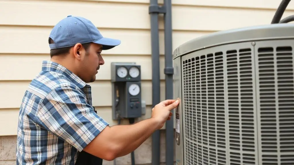 HVAC maintenance technician performing a seasonal tune-up on a residential air conditioning system in New Orleans